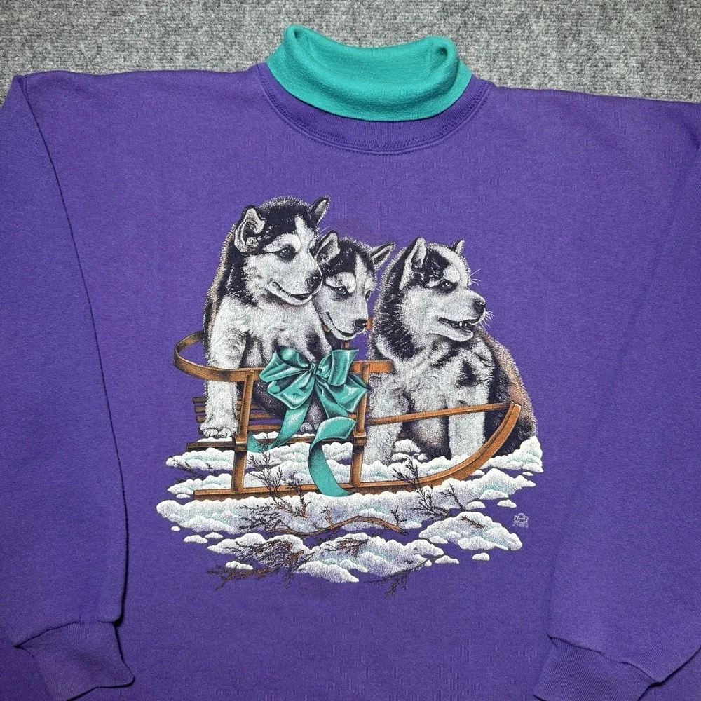 98' LSJ Sportwear Grandma Turtleneck Pullover Dog Puppies Purple Cotton Grove XL